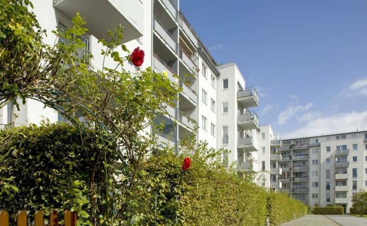 Der grüne Innenhof im Hausburg Quartier Innenhof mit Bepflanzung im Vordergrund
